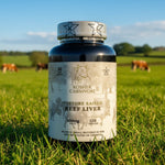 Bottle of kosher carnivore pasture raised beef liver capsules on a neutral background