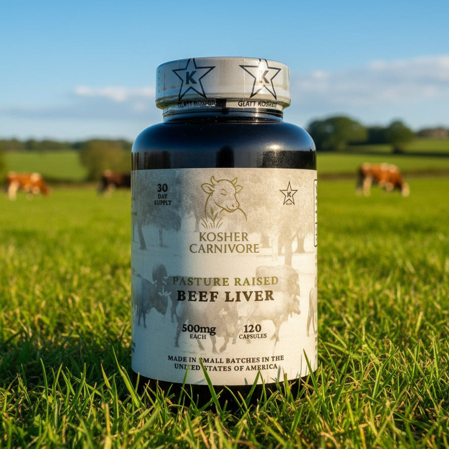 Bottle of kosher carnivore pasture raised beef liver capsules on a neutral background