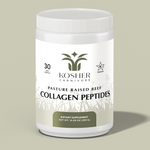 Jar of collagen peptides with a white label on a beige background