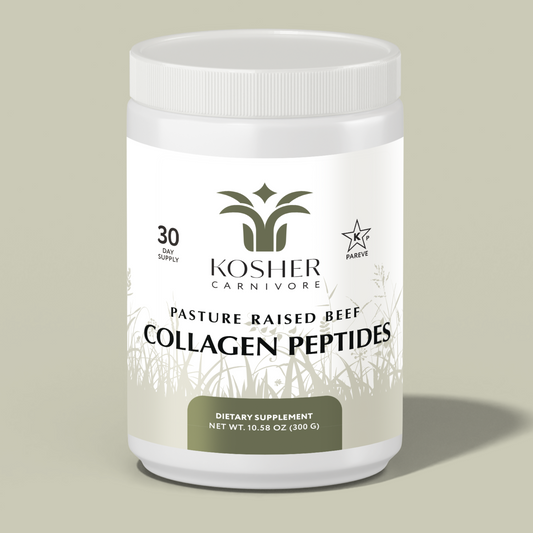 Jar of collagen peptides with a white label on a beige background