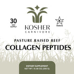 Label for Kosher Carnivore pasture raised beef collagen peptides with supplement facts and branding.