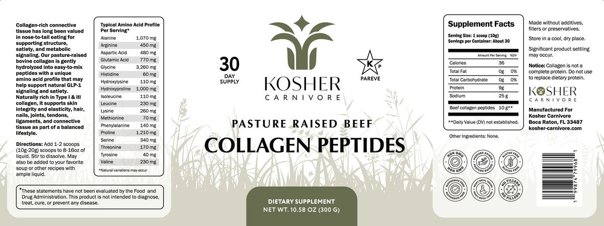 Label for Kosher Carnivore pasture raised beef collagen peptides with supplement facts and branding.
