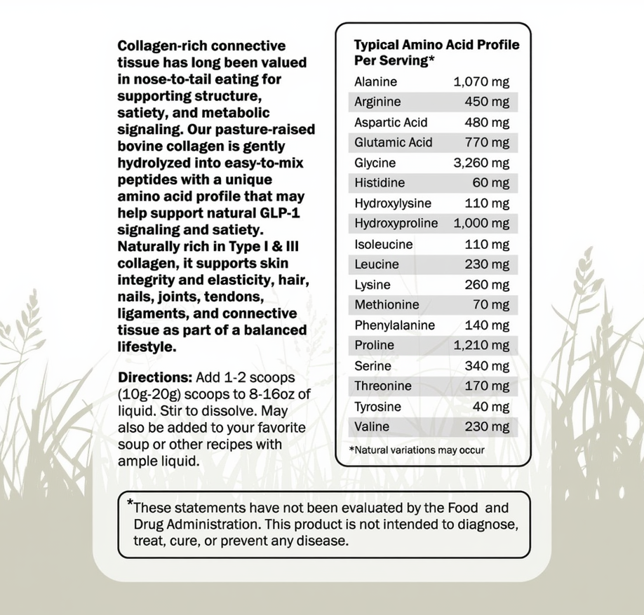 Product label with text and amino acid profile on a nature-themed background