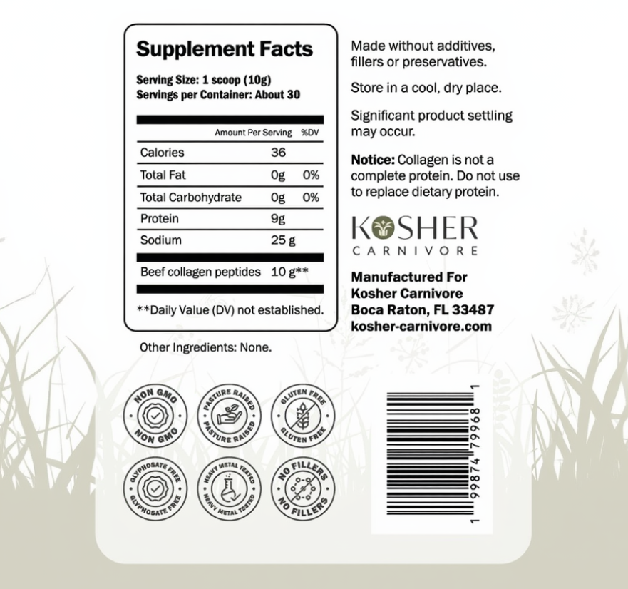 Supplement label with detailed nutritional information and branding for Kosher Carnivore on a white background.