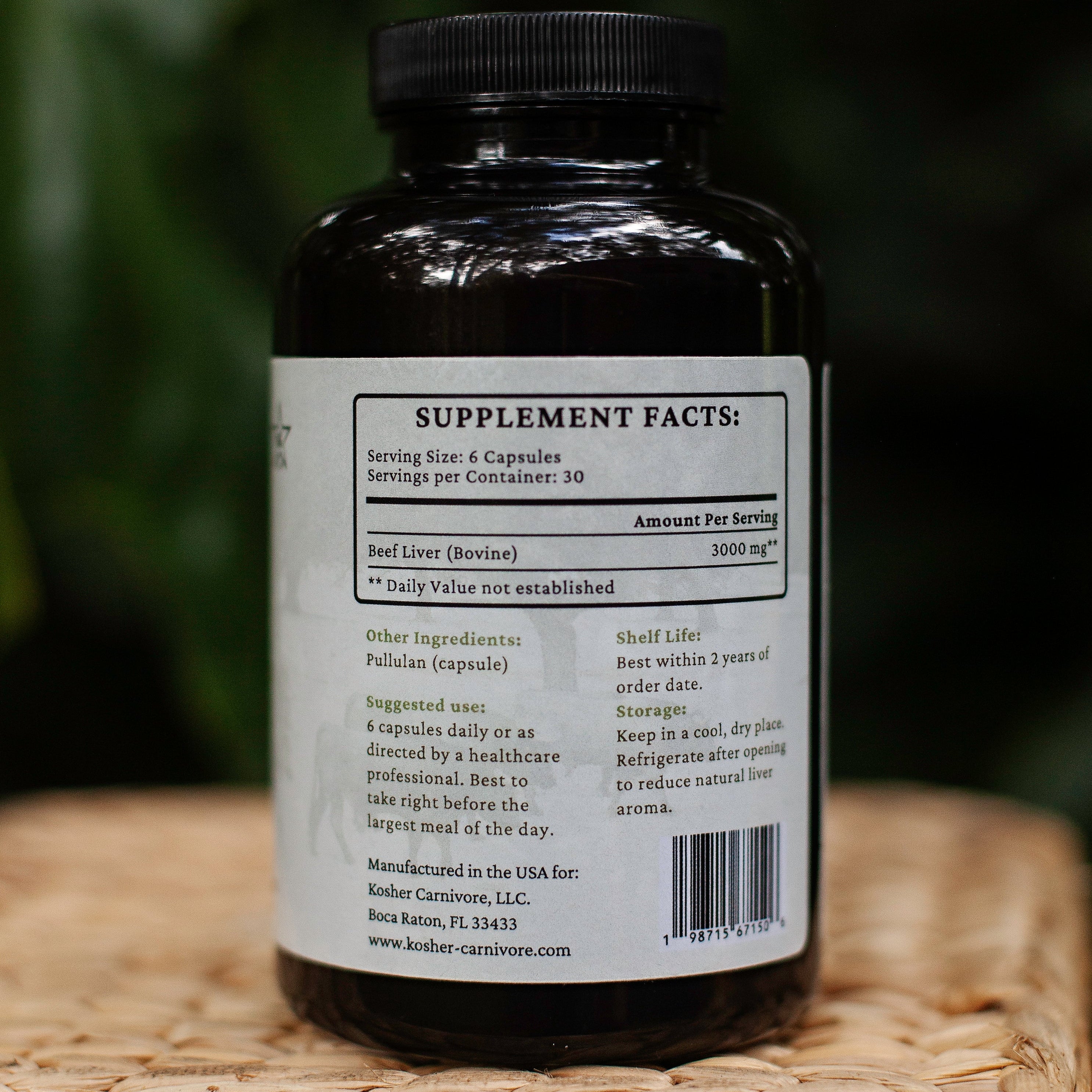 Supplement bottle with label on a woven surface